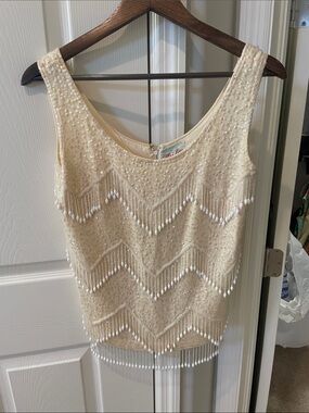 VTG hand decorated 1960s Mai Ling Cream Beaded Fringe Camisole
